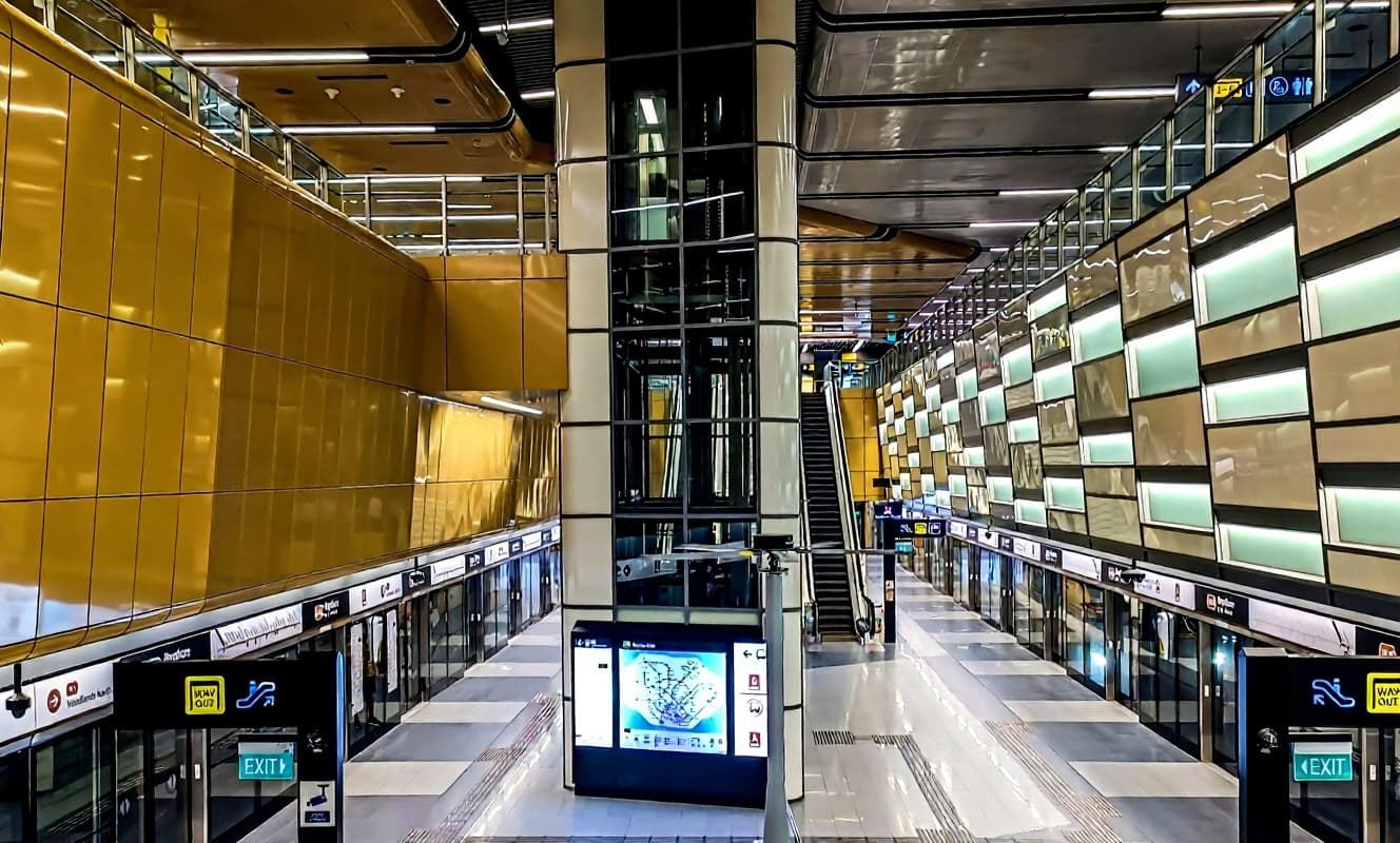 Golden-walled platform hall of Bayshore MRT station on the Thomson-East Coast Line