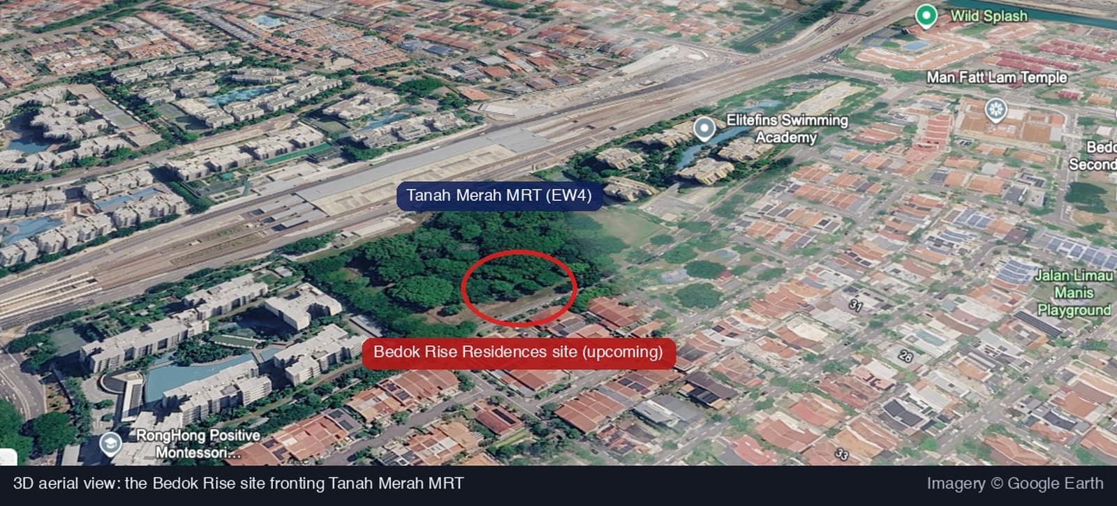 Aerial three-dimensional view of the Bedok Rise site fronting Tanah Merah MRT station, with the East-West Line tracks alongside
