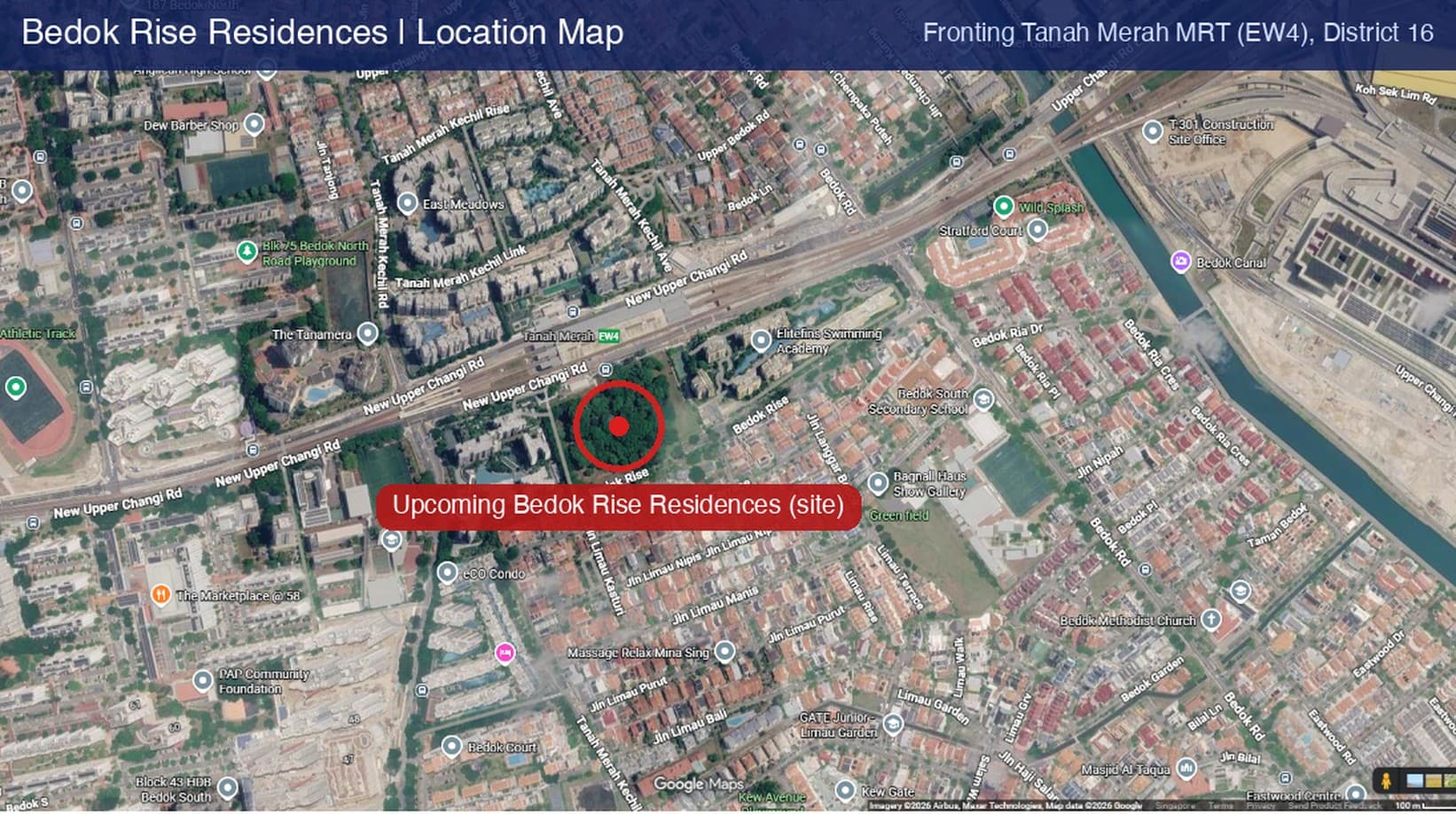 Annotated satellite map showing the Bedok Rise Residences site outlined beside Tanah Merah MRT station in District 16