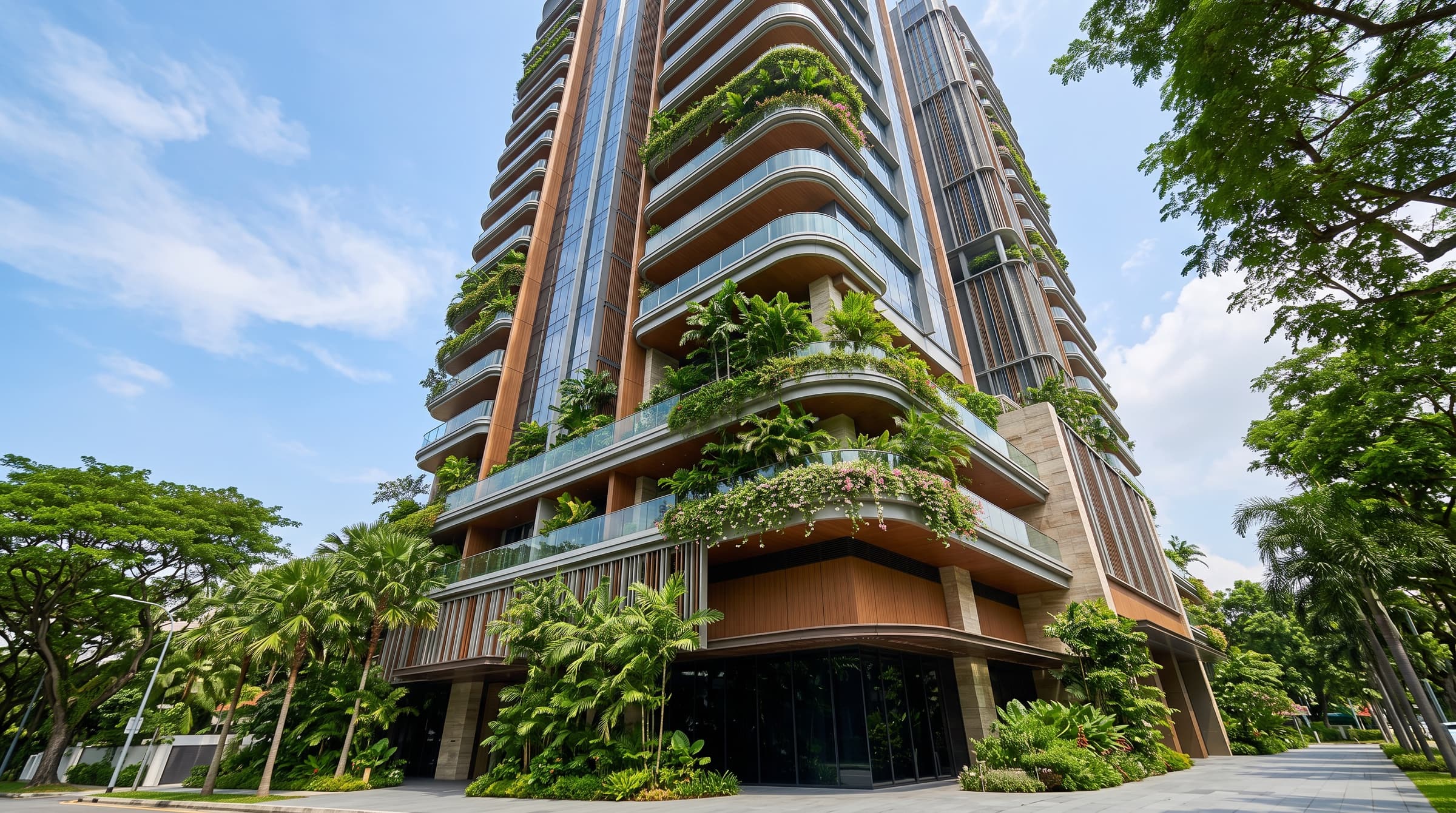 Artist's impression of a condominium tower facade with curved balconies and vertical planting. Conceptual mock-up for Bedok Rise Residences, for illustration only.