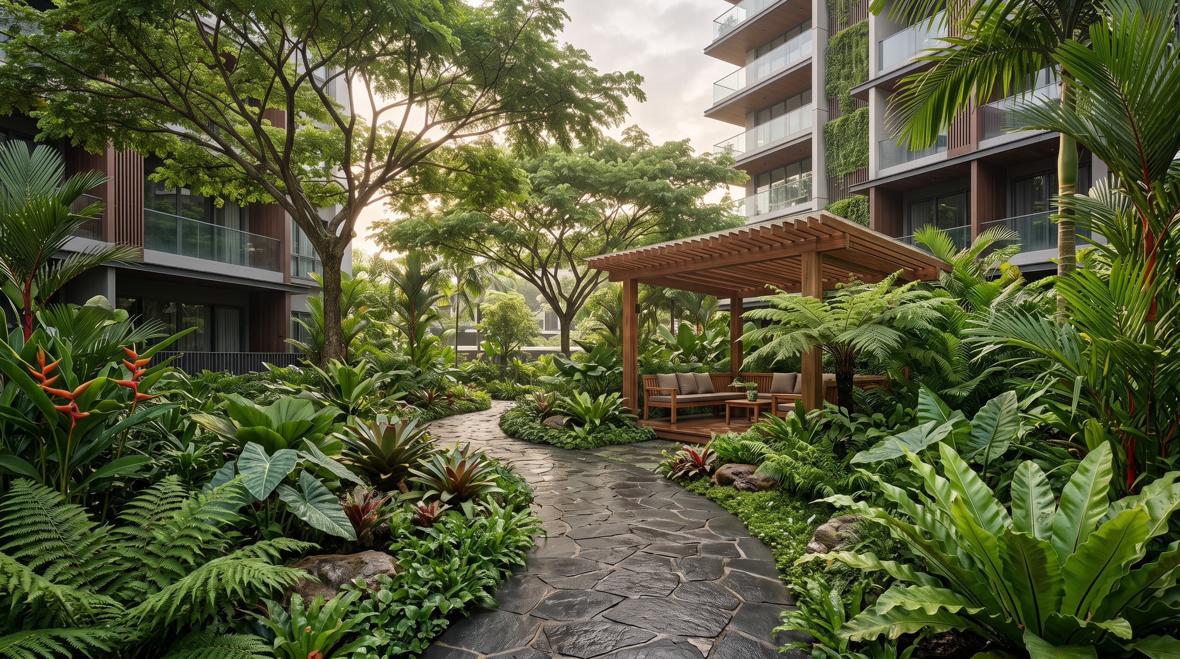 Artist's impression of a landscaped communal garden with a stone pathway and timber pavilion. Conceptual mock-up for Bedok Rise Residences, for illustration only.