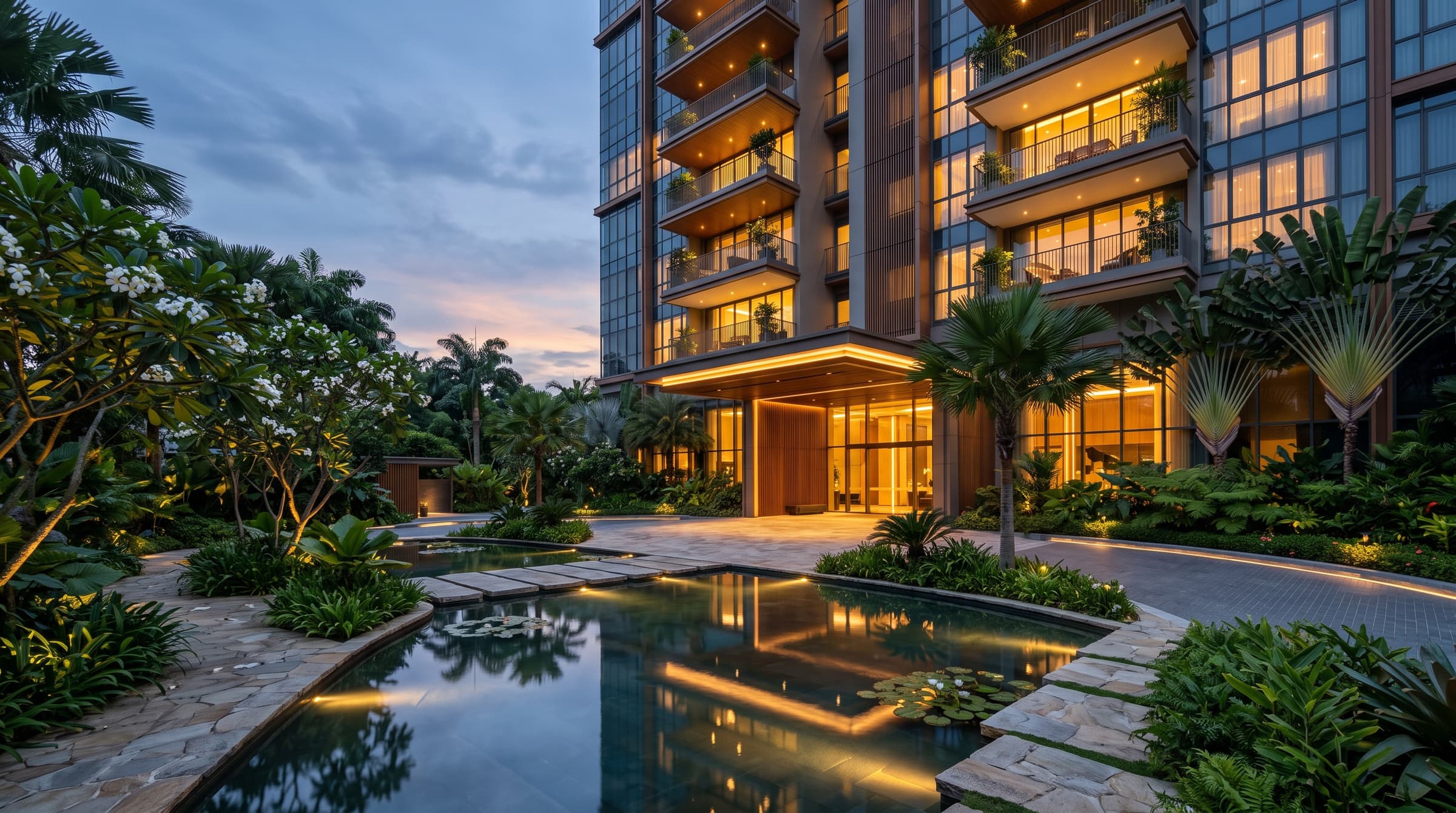 Artist's impression of a modern condominium arrival entrance at dusk with landscaped water features. Conceptual mock-up for Bedok Rise Residences, for illustration only.