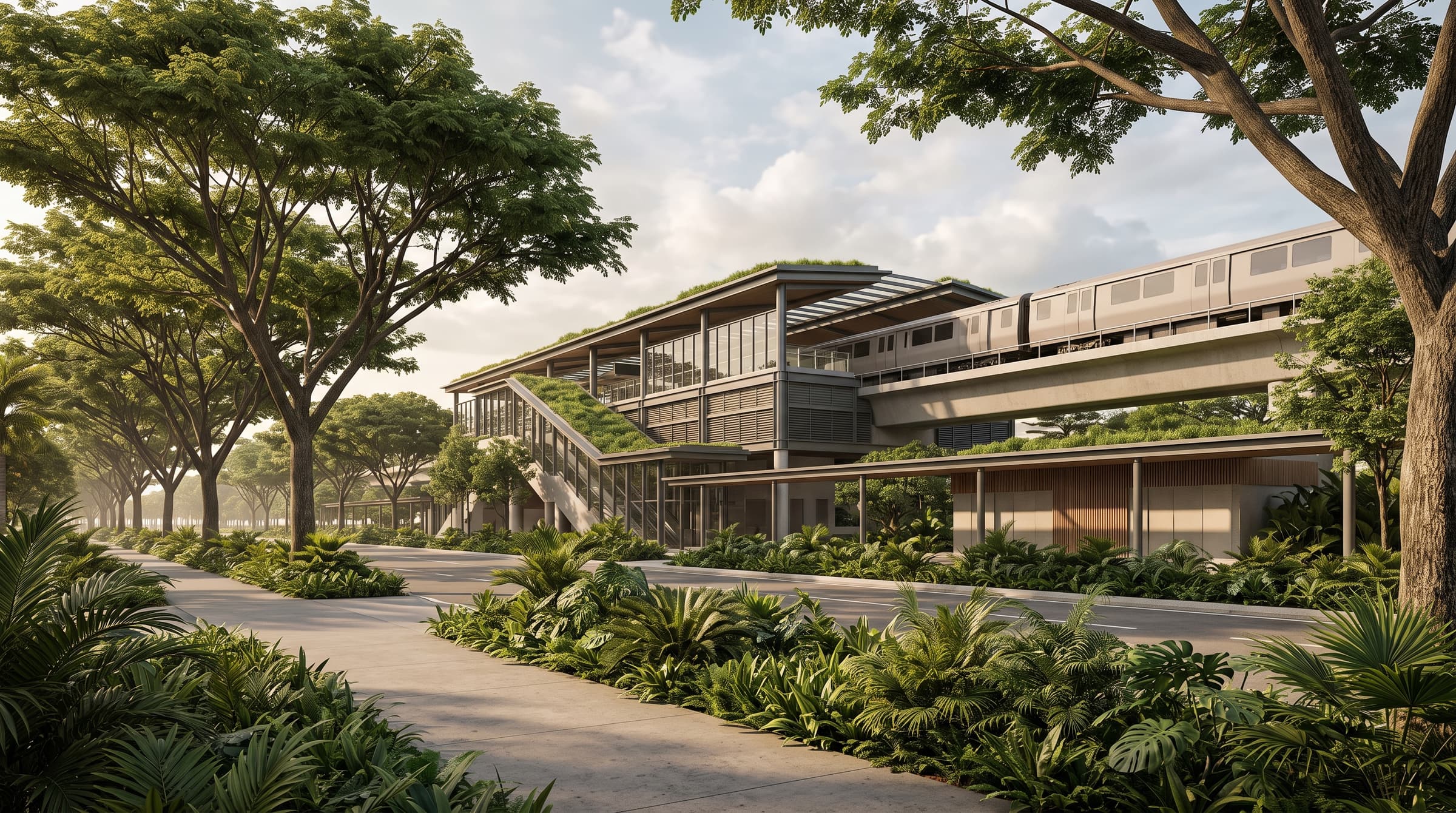 Artist's impression of a leafy Singapore streetscape near a generic elevated MRT station. Illustrative scene only, not a depiction of Tanah Merah station.
