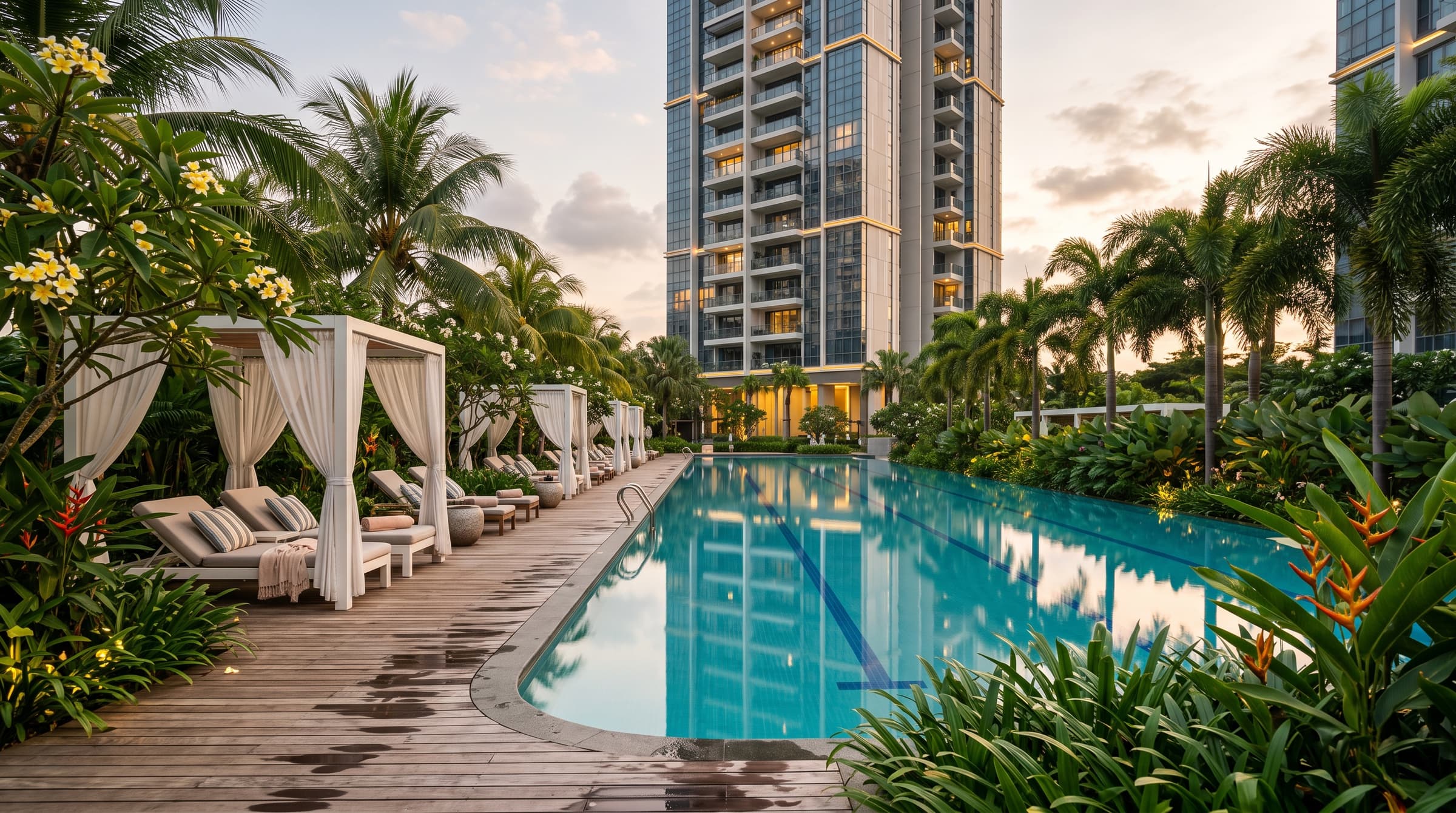 Artist's impression of a resort-style condominium pool deck with cabanas and tropical planting. Conceptual mock-up for Bedok Rise Residences, for illustration only.
