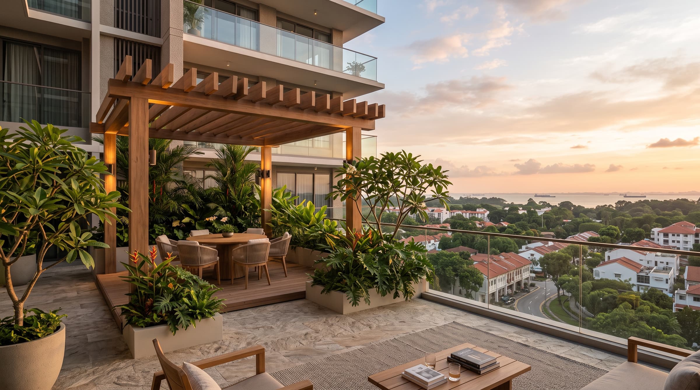 Artist's impression of a condominium sky terrace lounge at golden hour looking over low-rise greenery. Conceptual mock-up for Bedok Rise Residences, for illustration only.